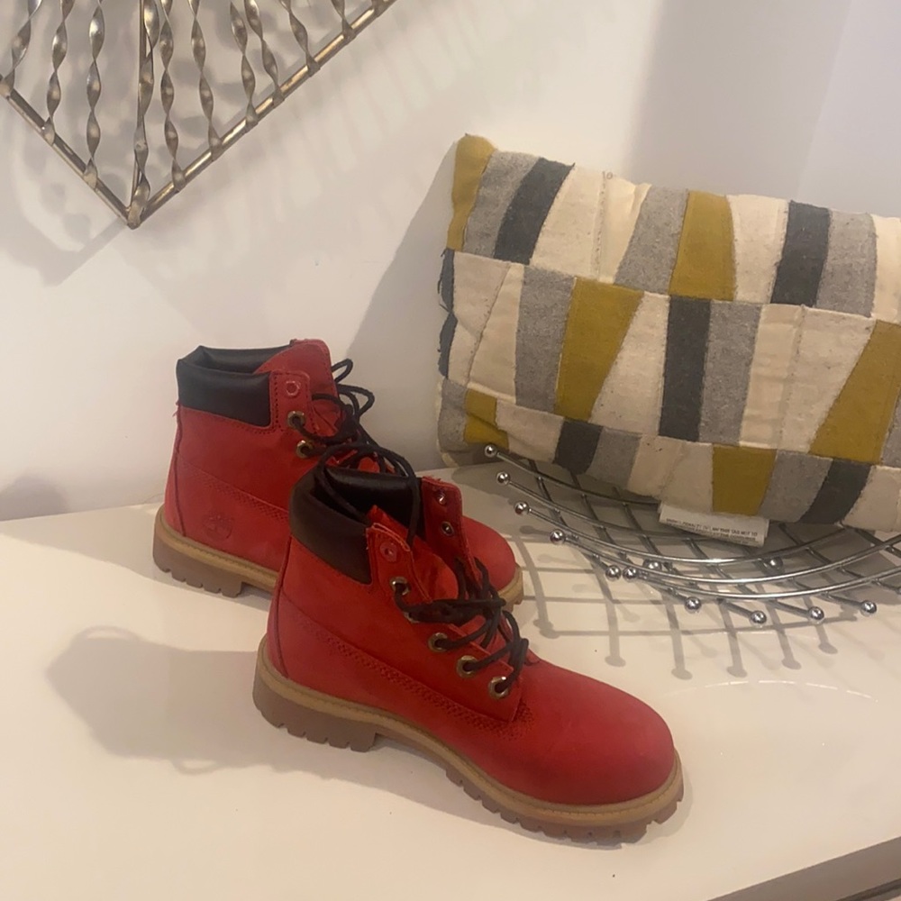 Cherry Red Timberlands With Black Trem